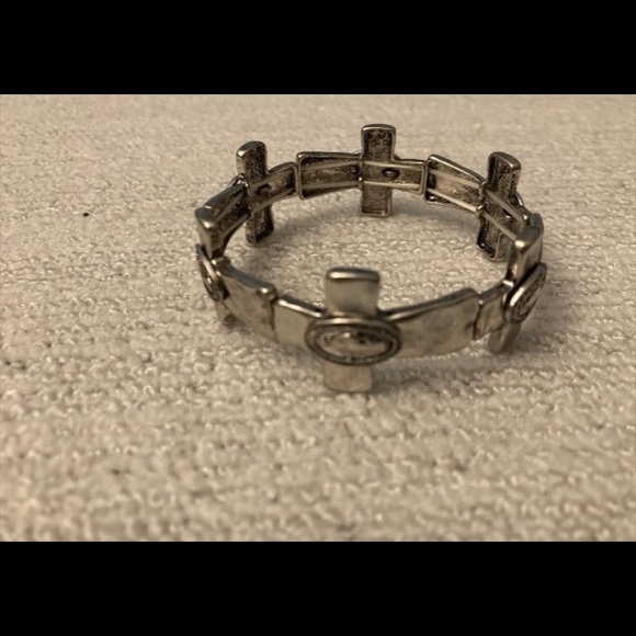 Da Vinci Cross Religious Tile Stretch Silvertone Metal Bracelet 7” Christian - Picture 3 of 6